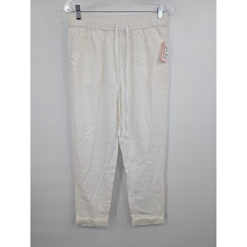 per se Linen Blend Drawstring Pants Cream Off White Cuffed Hem Size NWT Medium